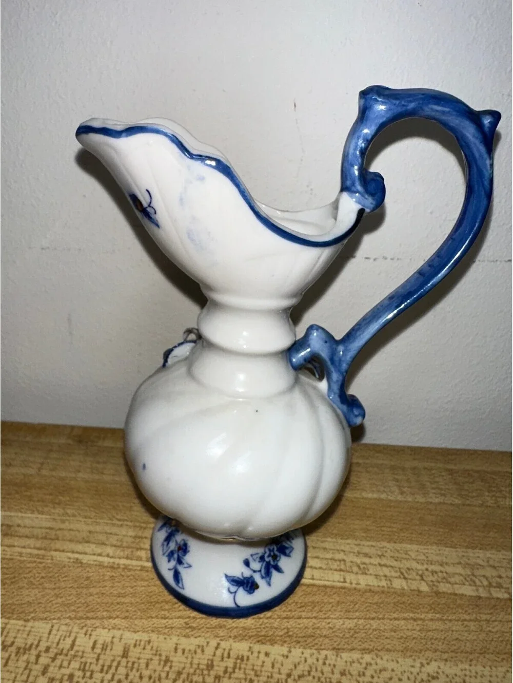 Vintage Ceramic Blue and White Floral Pitcher Vase